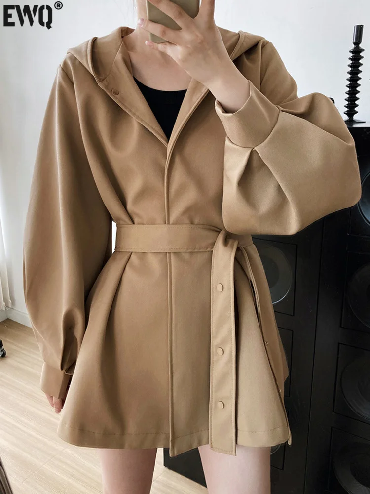 

[EWQ] Elegant Women With Belt Jacket Lantern Sleeve Covered Button Hooded Jackets Coat 2023 Autumn Winter Khaki Outwear U3634