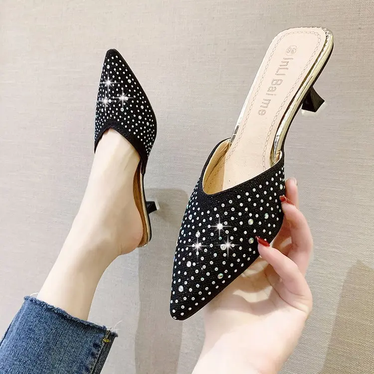 

High-Heeled Shoes Lady Pointed Toe Slippers Casual Slides Jelly Flip Flops Med Slipers Women Luxury Cover Summer Thin Glitter