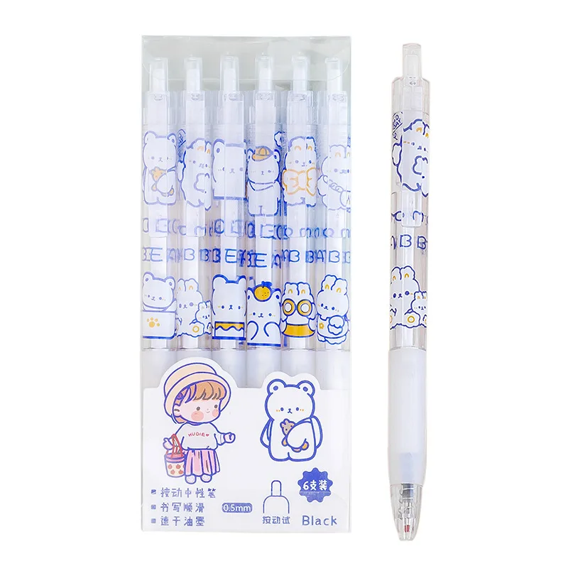 

6pcs Cartoon Box Push Type Roller Ball Pen Cute Creative Animal Student Press the Neutral Pen Signing Pen Stationery