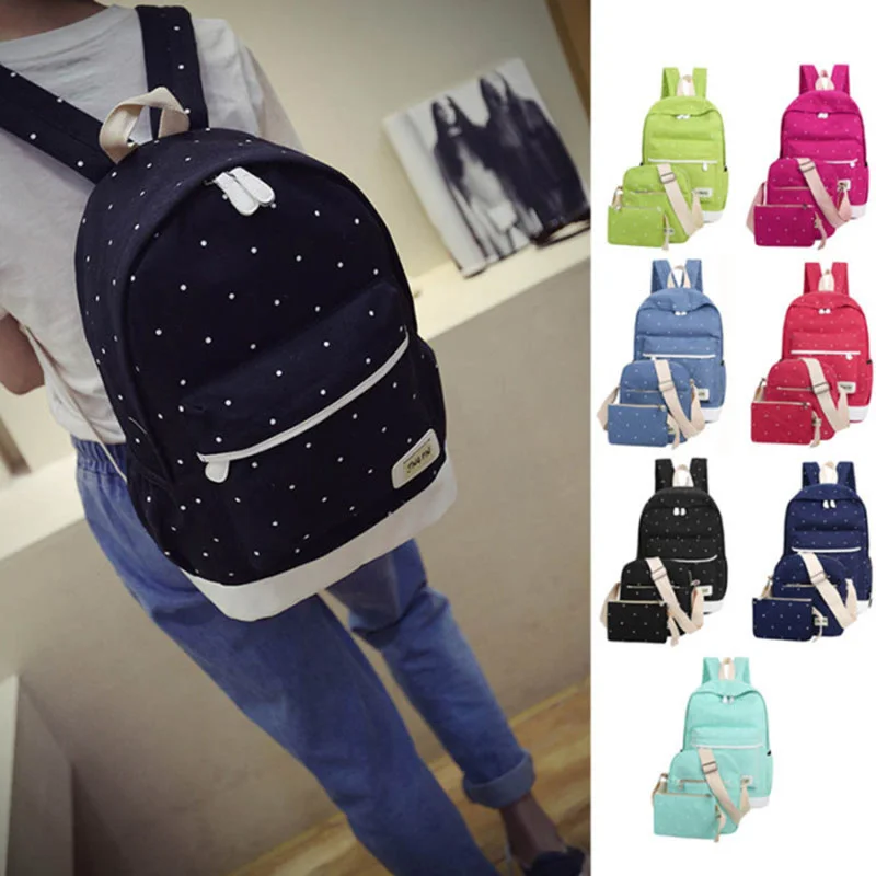 

New Fresh Canvas Women Backpack Big Girl Student Book Bag With Purse Laptop 3pcs Set Bag High Quality Ladies School Bag