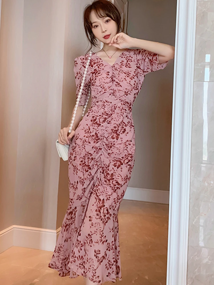 

Summer Elegant Maxi Sweet Dress for Women 2022 Chiffon Print Folds V-neck Half Sleeve Trumpet Robe Party Street Holiday Vestido