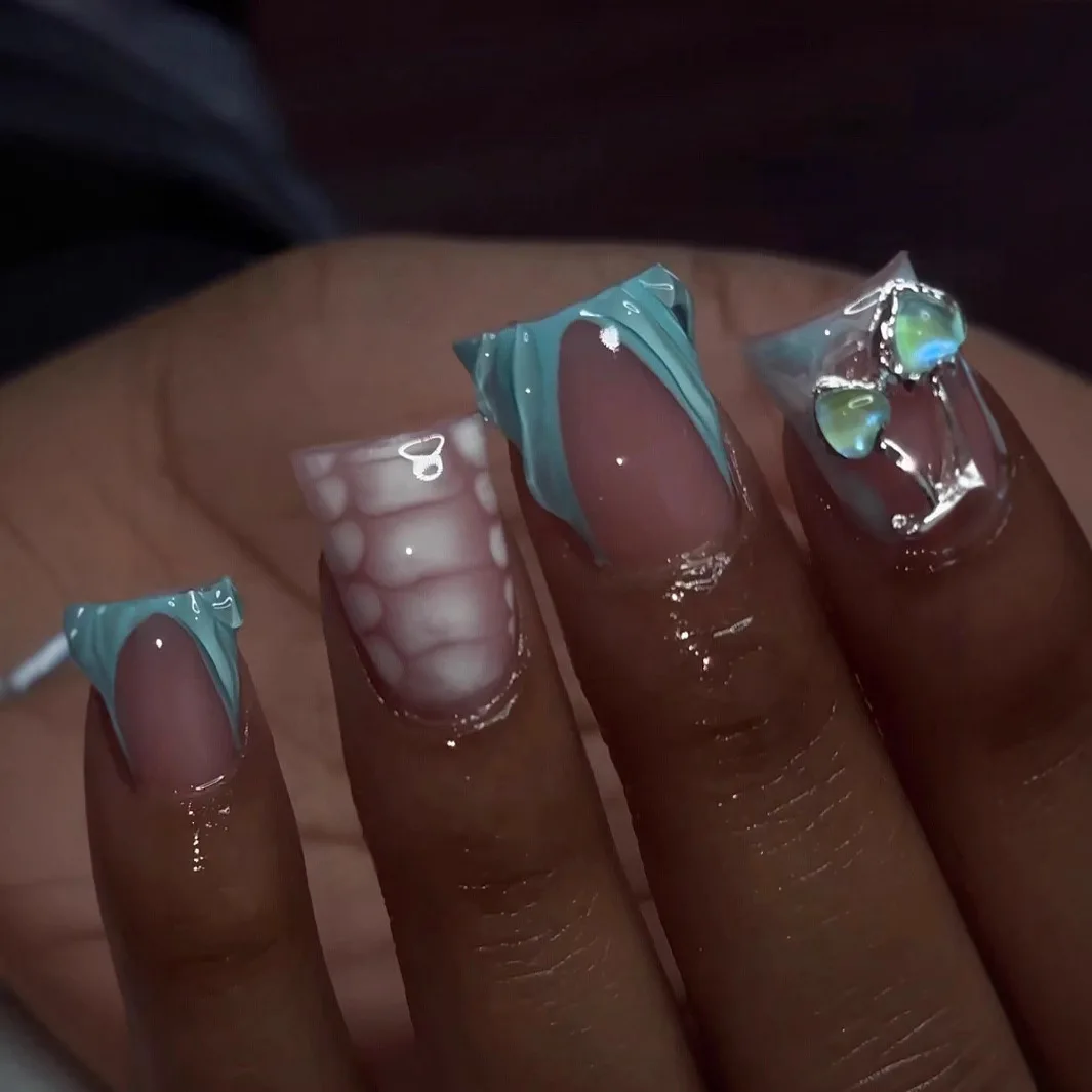 24 шт. Y2K утконос французские накладные ногти 3D Аврора вишневый декор крутые