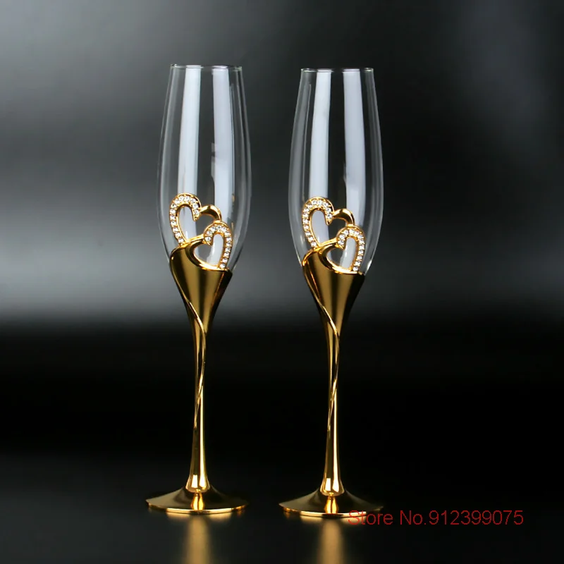 

2 Pcs Heart Linked To Heart Wedding Glasses Champagne Flute Gift Box Gold Plated Crystal Banquet Decor Lovers Tasting Cup Goblet