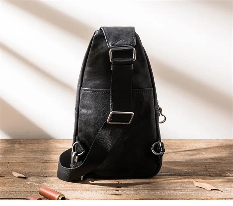 Retro fashion designer natural genuine leather men black chest bag outdoor sports lightweight first layer cowhide motorcycle bag
