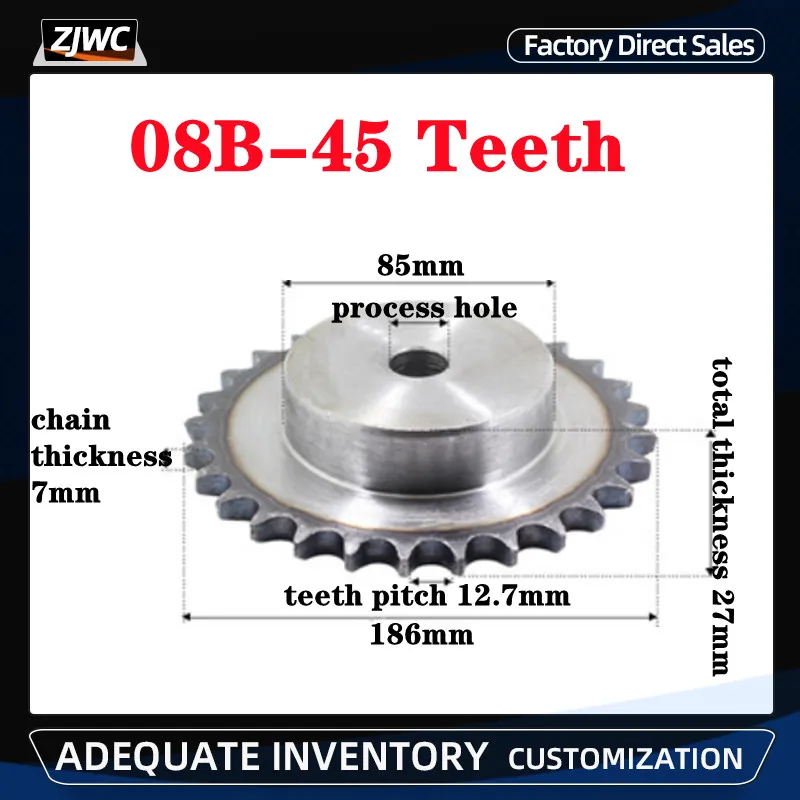 

1Pcs 08B Chain Drive Sprocket 45 Tooth Carbon Steel Chain Gear Pitch 12.7mm Industrial Sprocket Wheel for CNC Parts