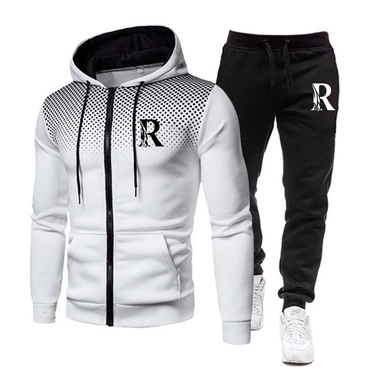 Winter Zip Hoodie Men's Set Drawstring Hoodie and Sweatpants Fashion Casual Solid Color Loose Activewear Set of 2  - buy with discount