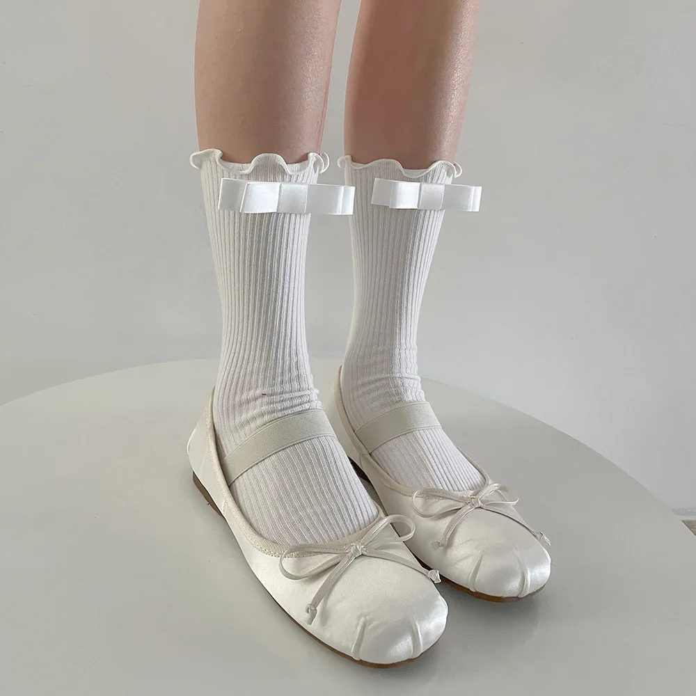 

Sweet Girls Ruffle Socks Ballet Style Stain Bowknot Kawaii Cute Cotton Women Socks JK Japanese Style Solid Color White Socks Sox