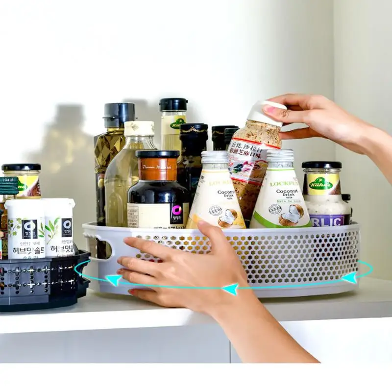 

Kitchen Storage Rack 360 Degree Rotatable Tray Rack Plastic Seasoning Pot Tray Condiment Rack Cosmetics Sorting Container