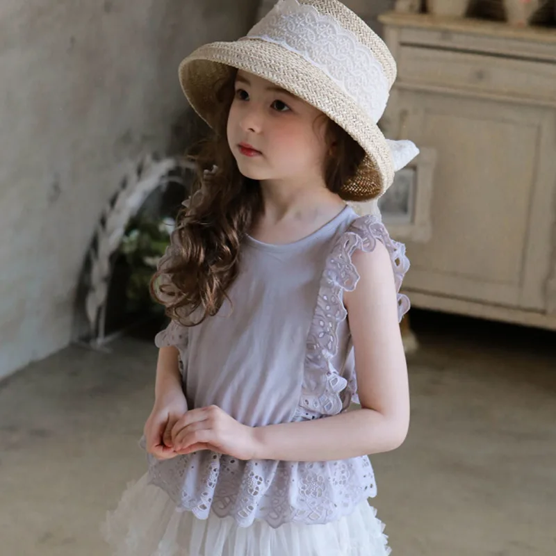 

2021 summer hollow out T-shirt Korean girls solid color lace sleeveless T-shirt girl clothes toddler girl fall clothes