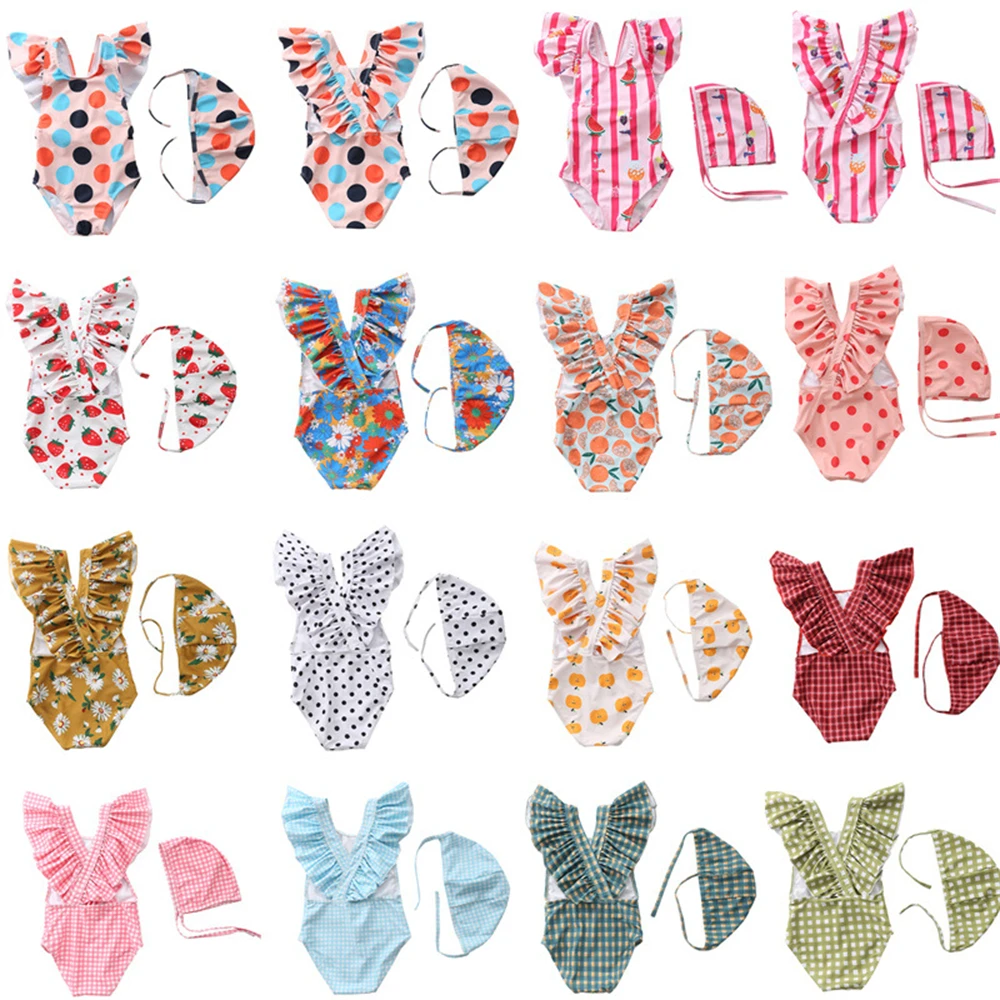 

NEW Toddler Girls Swimsuit One-piece Bathiing Suit Striped Kawaii Ruffles Baby Girls Summer Beachwear Swimwear With Cap