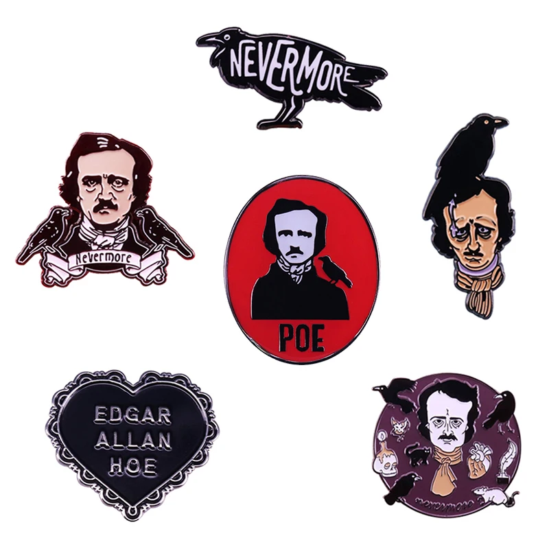 Great writer Poet Edgar Allan Poe brooch Nevermore Raven Crow Brooch Halloween Weird Gothic Horror Pin Literature Bookworm gift