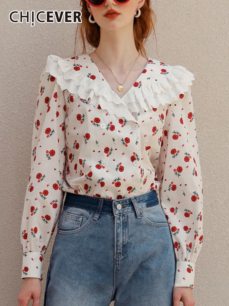 

CHICEVER осенние винтажные Лоскутные рубашки с оборками для женщин, v-образный вырез, длинный рукав, двубортный принт, цветные блузки для женщин