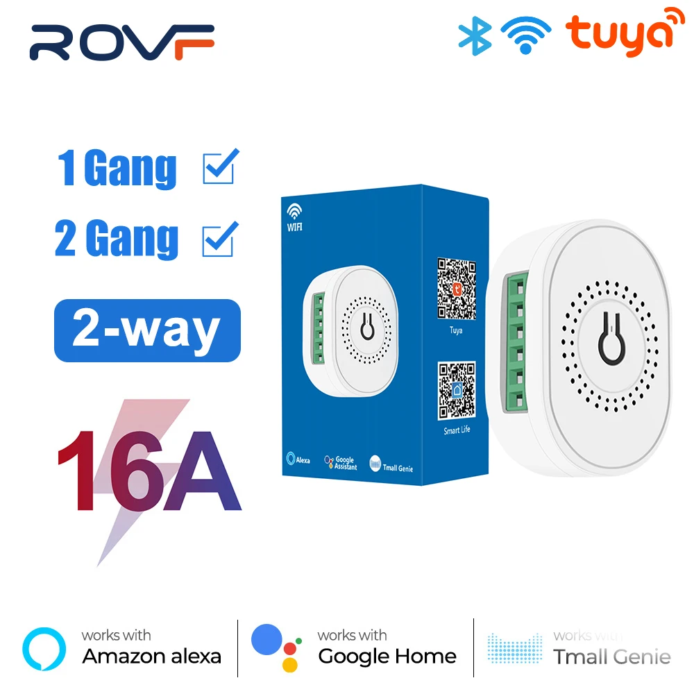 

ROVF 16A 1/2 Gang Tuya WiFi Bluetooth Switch Smart Light 2 Way Module On Off Timer Breaker For Google Home Alexa Tmall Genie