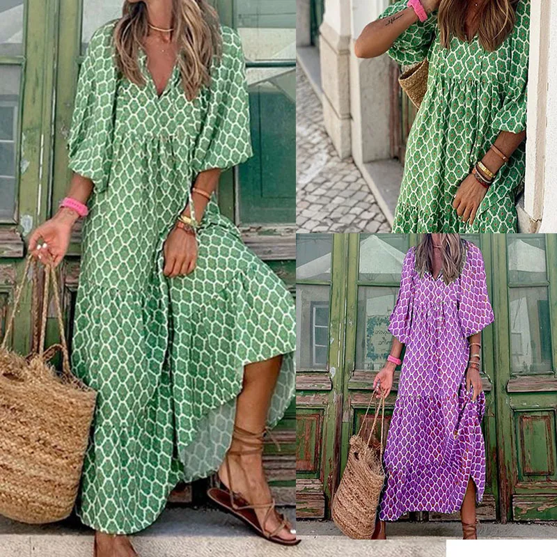 

Женские Платья-макси в стиле бохо, Элегантное Длинное Платье с пышными рукавами и цветочным принтом, свободное пляжное праздничное платье д...