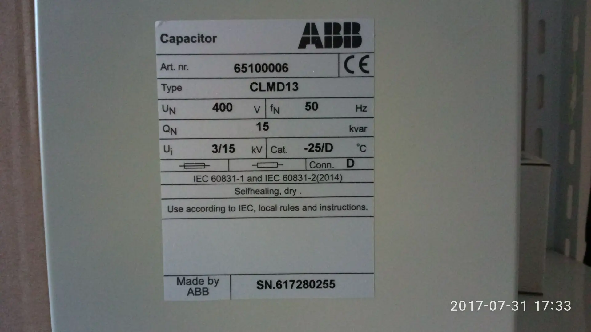 Оригинальный подлинный ABB конденсатор CLMD53/40 Квар 400 В 50 Гц 65100012