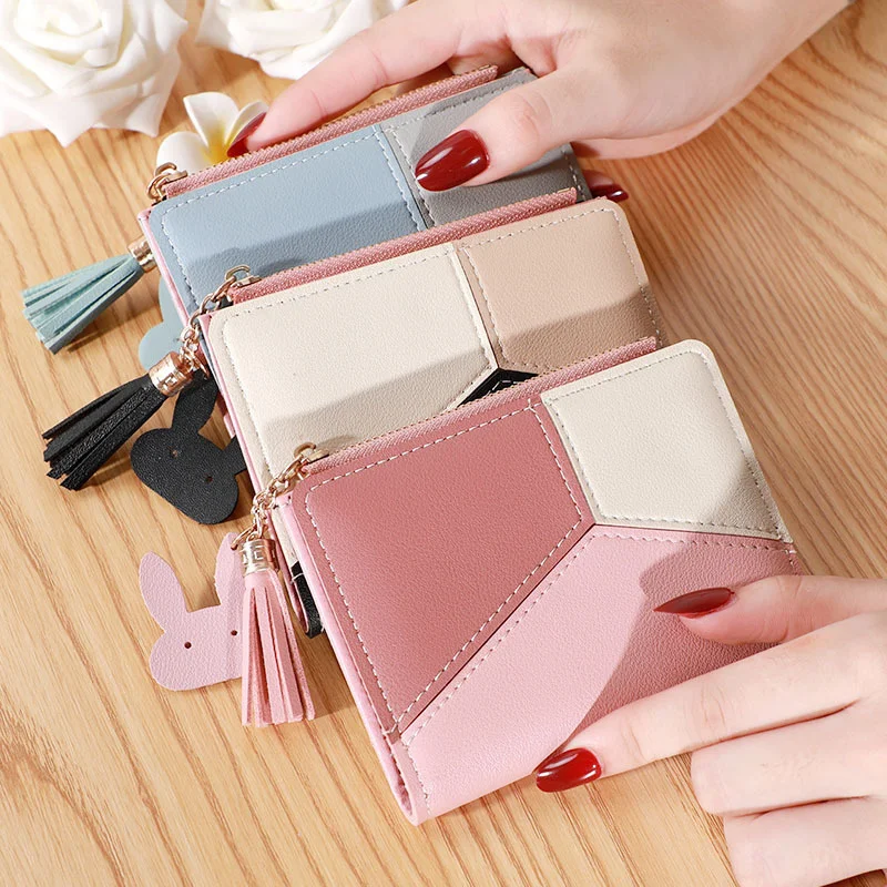 

Three Color Patchwork Women's Wallets 2023 New Style Short Ladies Zipper Money Bag Tassel Simple Coin Purse for Women Designer