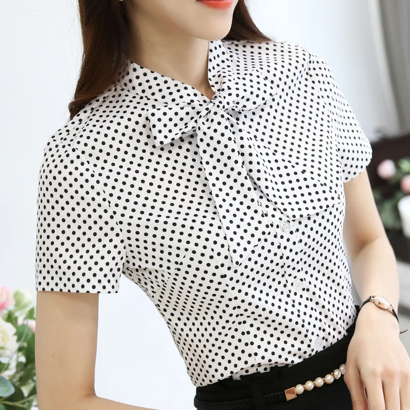 

Summer 2023 Fashion Office Lady Shirt Women Blouse Short Sleeve Bow Neck Women's Clothing Wave Point Women Tops Blusas 893F 30