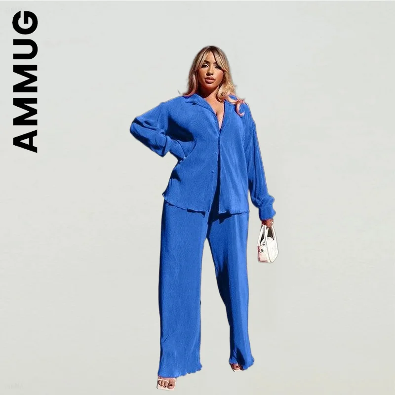 

Ammug Fashion Women Set Sexy Tops Pants Retro Long Pants Tracksuit Pleated Two Piece Sets Simple Female Women Tracksuit Set