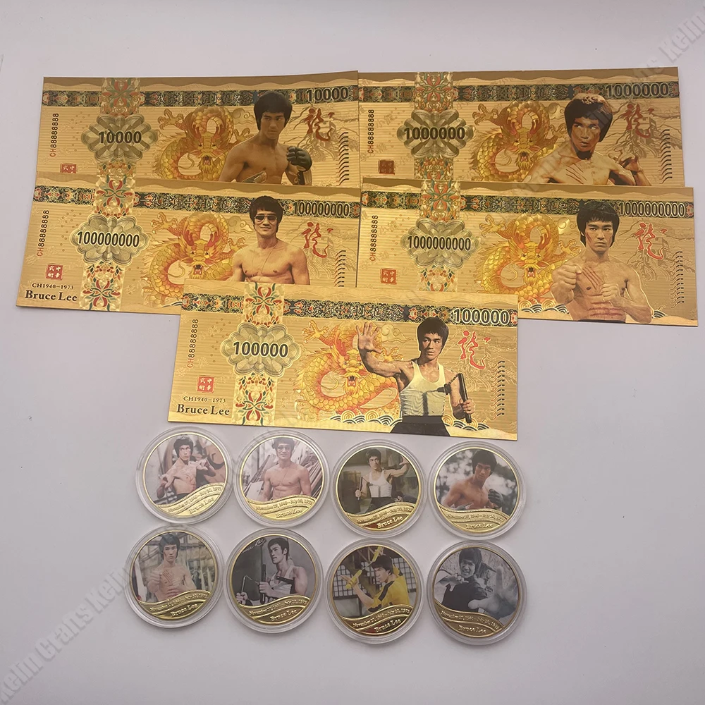 

5 Designs New Gold Color Banknote Kungfu Superstar Bruce Lee 100 Fancy Gold Colored Banknotes and Gold Coin for Value Collection