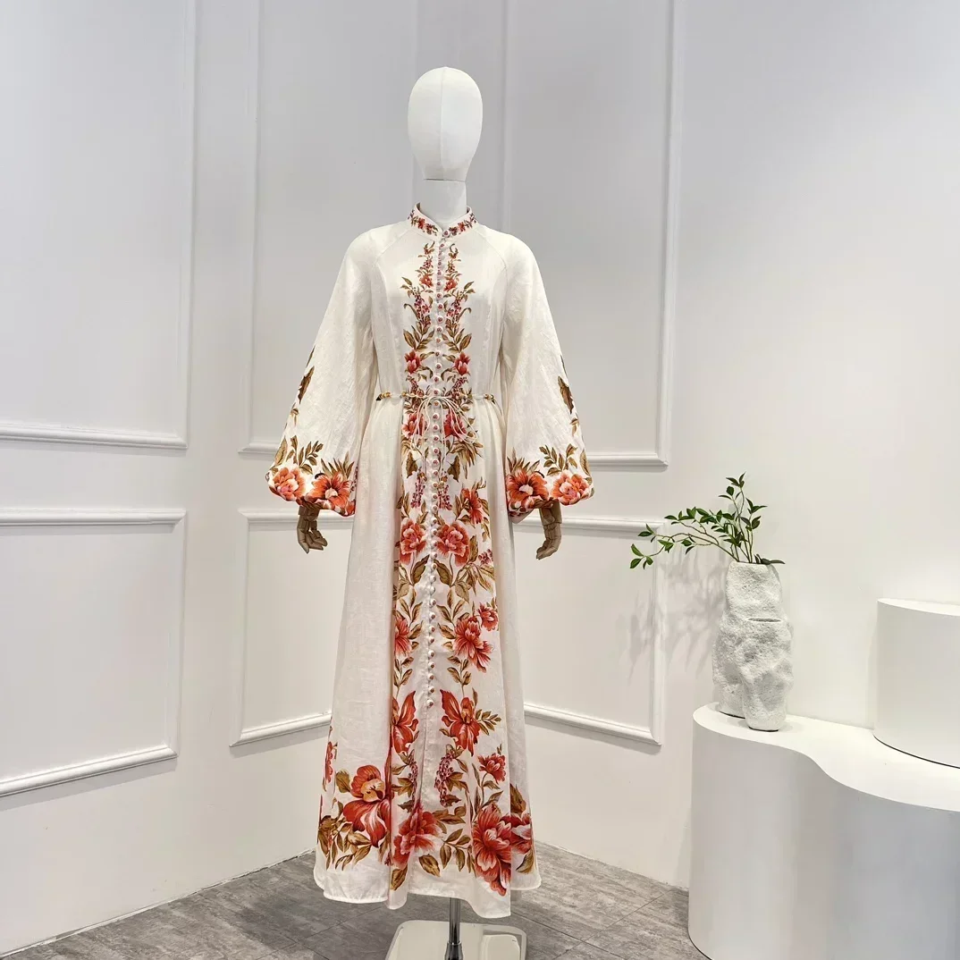 

2023 New Spring Summer Linen Top Quality Vintage Elegant Floral Printing Beige Lantern Sleeve Woman Midi Dress