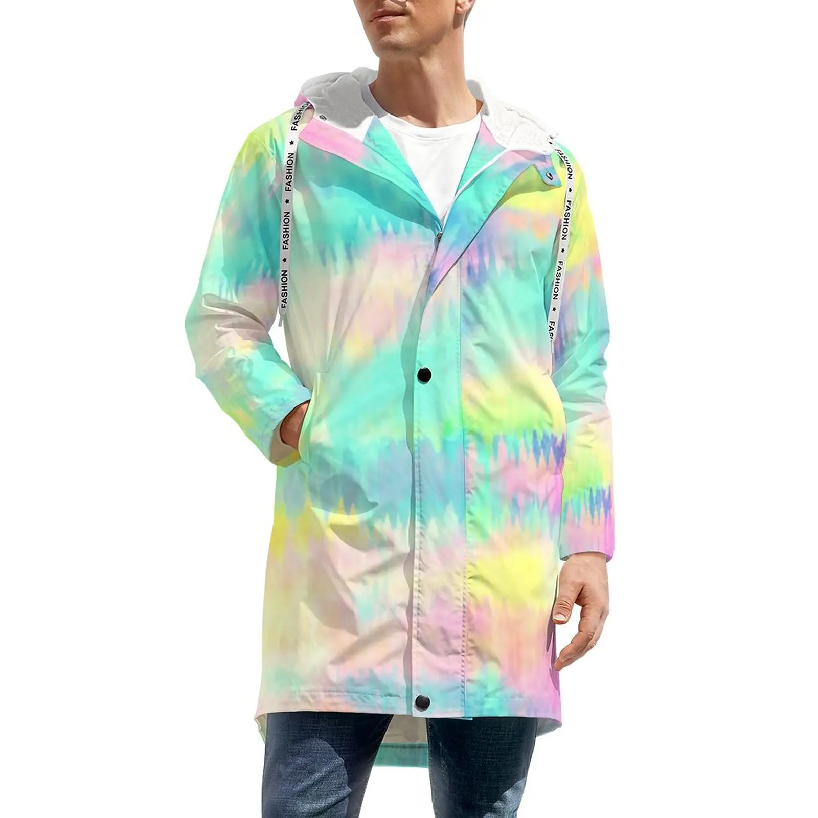 

Colorful Tie Dye Coats Modern Rainbow Print Street Wear Casual Winter Jackets Men Long Straight Thick Design Oversized Windbreak