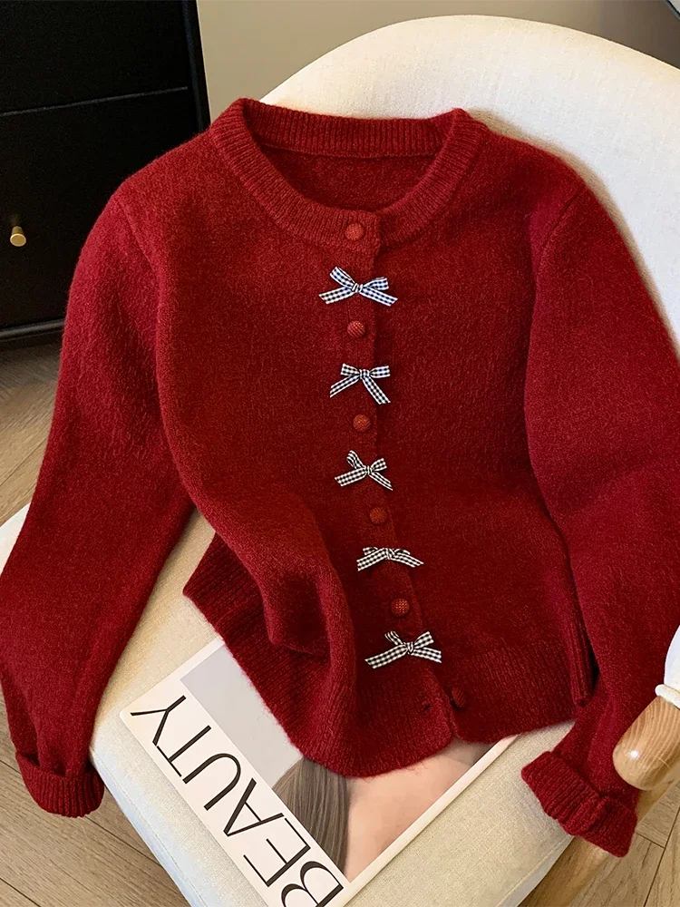 Женский кашемировый свитер с синим бантом в стиле Харадзюку корейский длинными