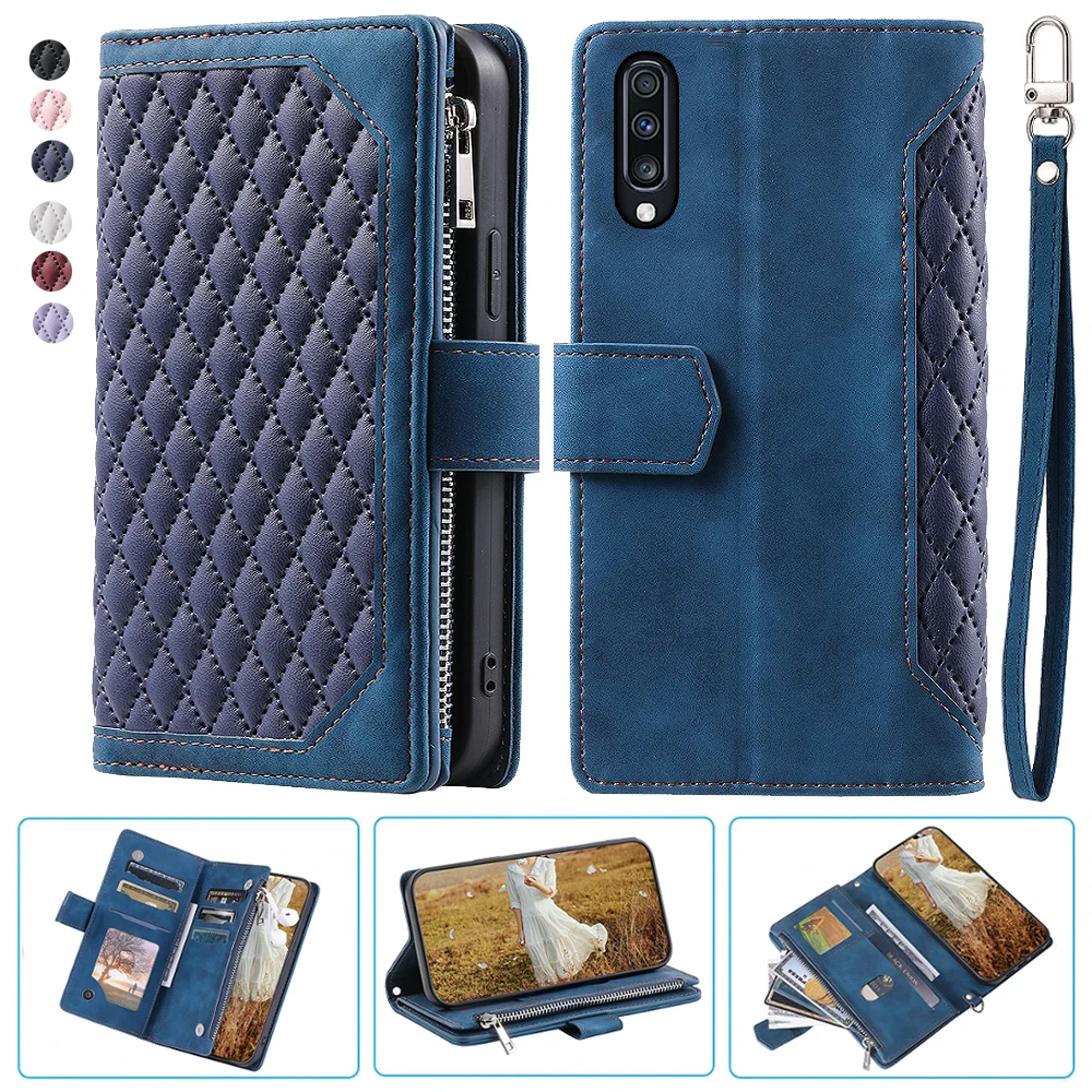 

For Samsung A70 Fashion Small Fragrance Zipper Wallet Leather Case Flip Cover Multi Card Slots Cover Folio with Wrist Strap