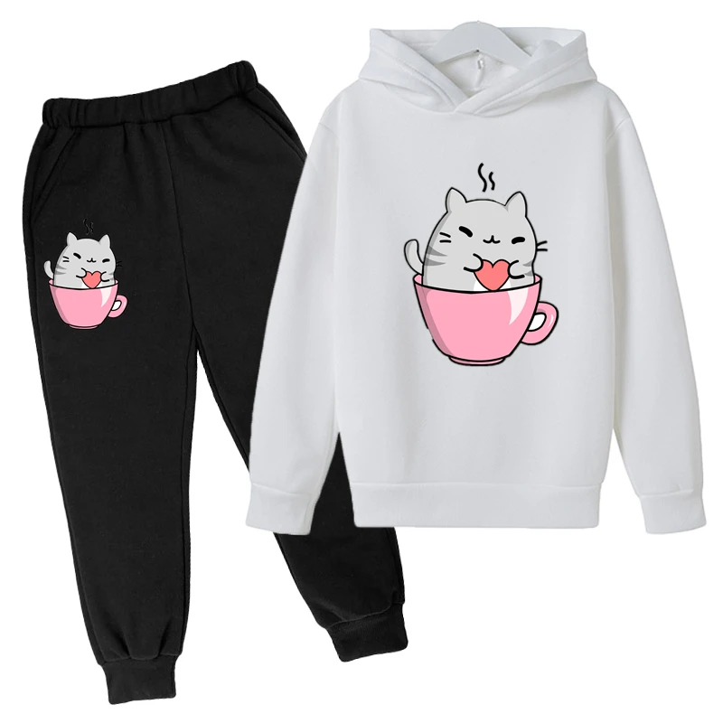 

Kawaii Kids Clothes Coffee Cats Love Ice Cream Animal Suits Pink Hoodie Girls Harajuku Funny Sweatshirts Kids Casual Suits