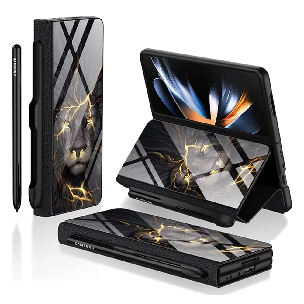

Tempered Glass Flip Leather Case For Samsung Galaxy Z Fold 4 with S Pen Holder Fold4 Cover