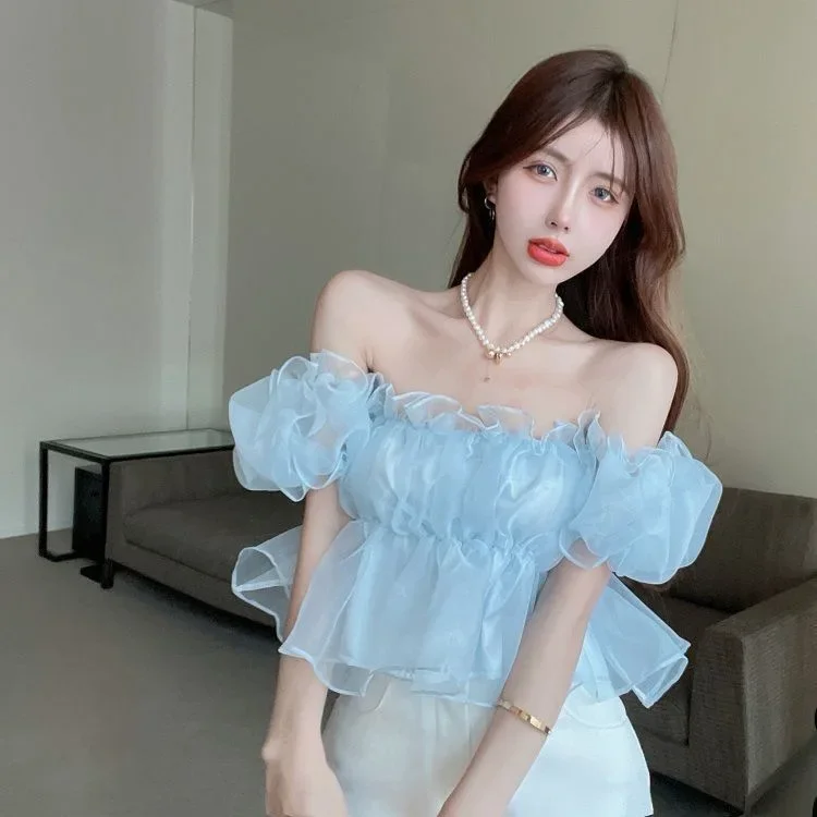 Шифоновый топ с открытыми плечами во французском стиле женская одежда летний