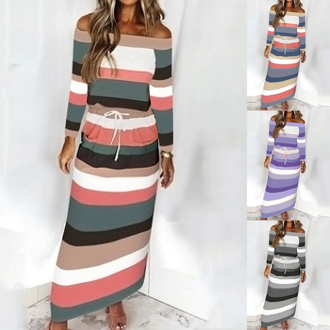 

2022 autumn and winter new one-piece dress striped drawstring one-shoulder long-sleeved dress