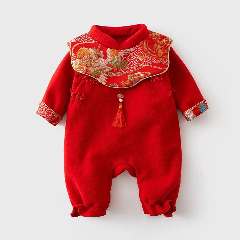 Autumn and Winter Baby One-piece Suit 0-1 Year Old Baby's Full Moon Suit Chinese Style Velvet Baby Romper