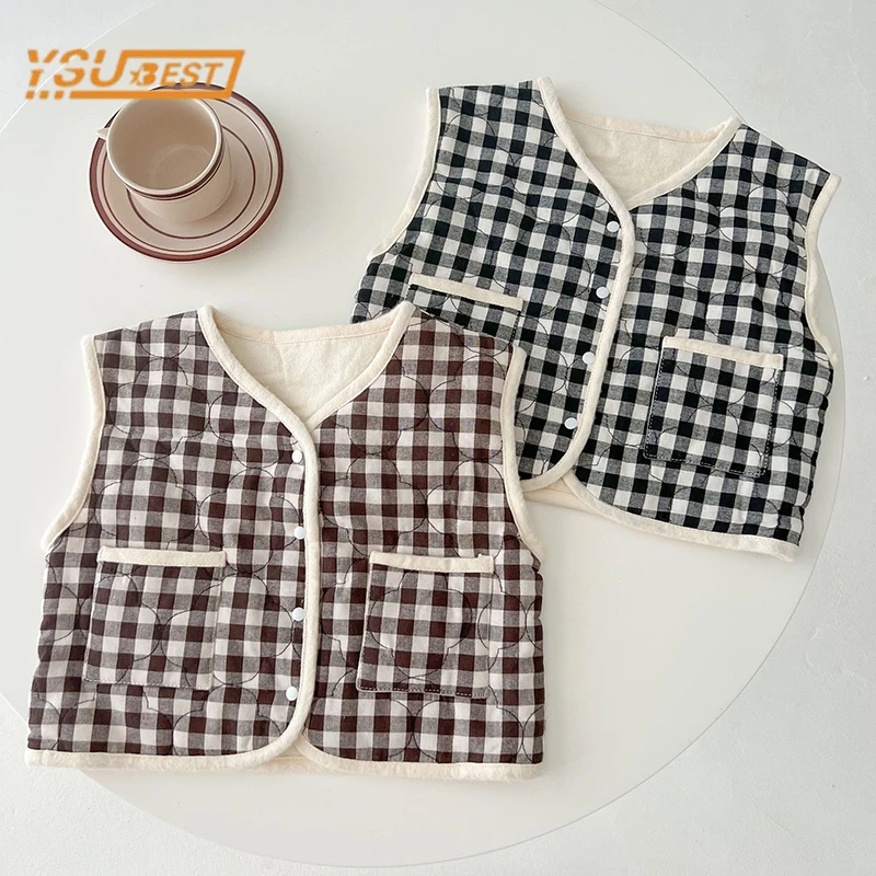 

Зимний жилет с V-образным вырезом для маленьких мальчиков и девочек, утепленное пальто для мальчиков и девочек, куртка, кардиган в клетку для...