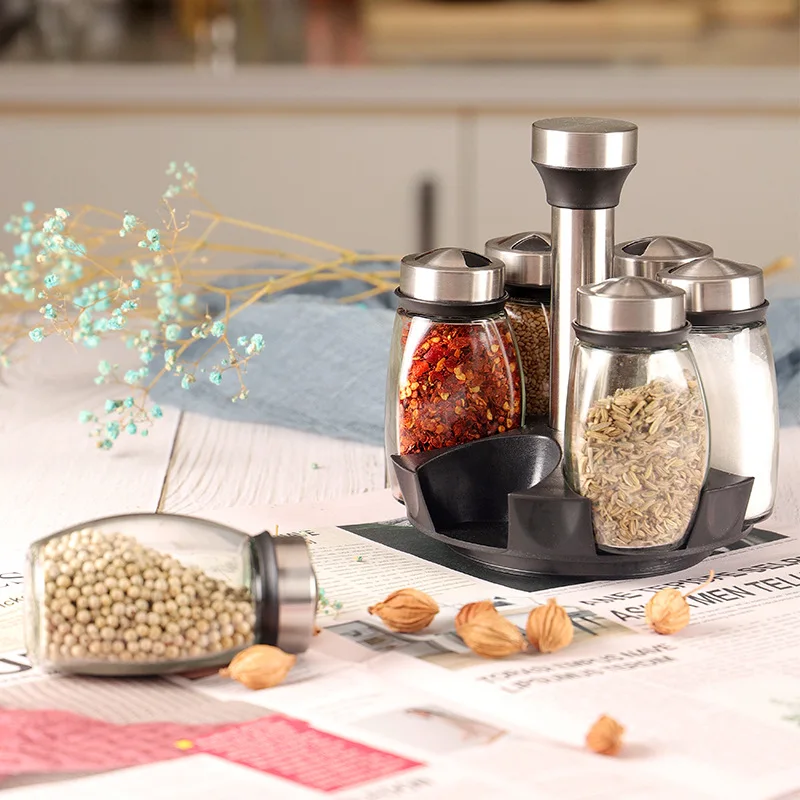 

Rotating Jars For Spices Stainless Steel Lid Clear Glass Jar Glassbottle Kitchen Supplies Glass Sealed Seasoning Bottle