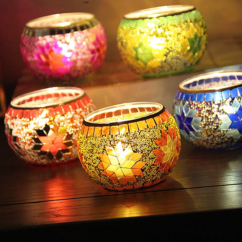 

New European-style Colored Mosaic Glass Candlestick Cup Christmas Candlestick Romantic Home Furnishing Accessories Snow Glass