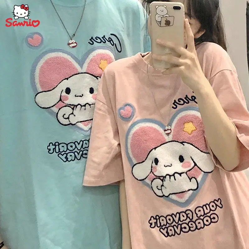 

Летняя Милая футболка Sanrio Cinnamoroll с коротким рукавом для девочек с мультяшной вышивкой с коротким рукавом Топ из чистого хлопка для пары для мальчиков и девочек