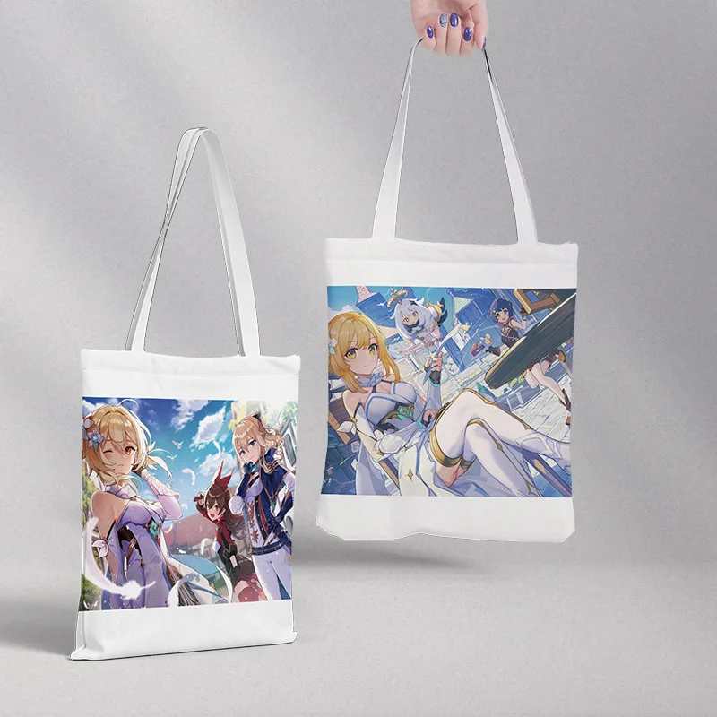 

New Game Genshin Impact Printed Canvas Bag Ganyu Klee Zhongli Venti Cartoon Shoulder Handbag Shopping Tote Bag