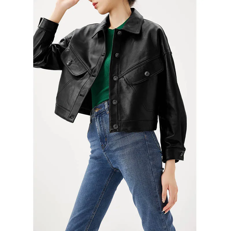 2022 NEW High Street Sheepskin  Real Leather Jacket Women  Single Breasted  High Street  Pockets  Autumn/Winter Crop Top