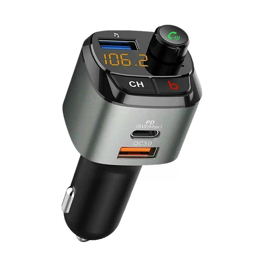 

1PCS Car Bluetooth 5.0 FM Transmitter QC3.0 Type-C Silver Handsfree Modulator Answer Car Calls 18W Black Fast PD Charging R E7X0