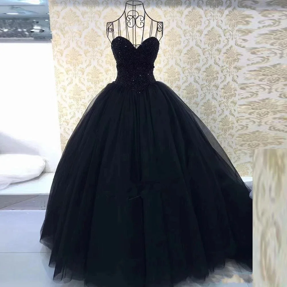 

Modern Black Ball Gown Quinceanera Dresses Vestidos De Fiesta Sparkly Beaded Bodice Sweetheart Tulle Cinderella Birthday Gowns