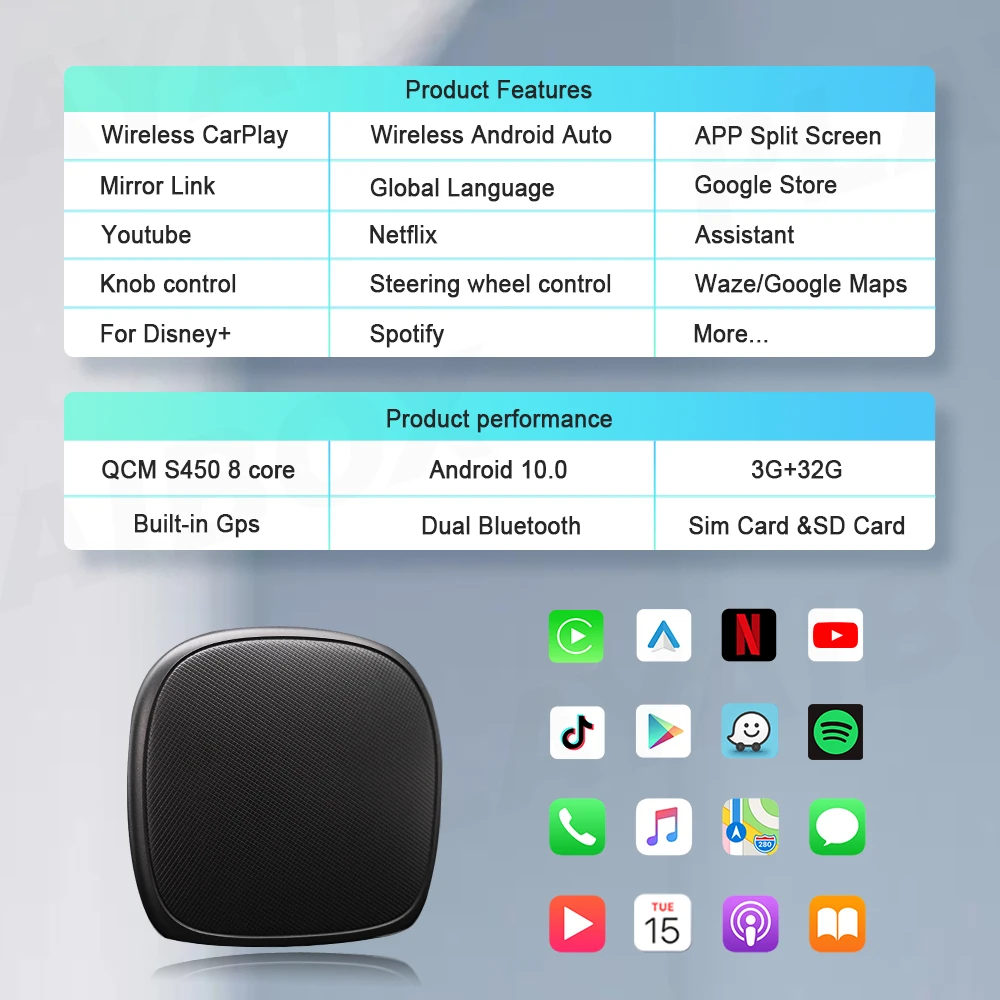 Carplay Ai Box Беспроводная система Android Авто Netflix Iptv 10 Qualcomm 8-ядерная Автомобильная