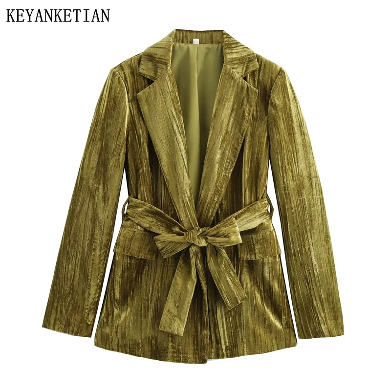 KEYANKETIAN новый зимний женский бархатный костюм с поясом ретро-стиль пиджак