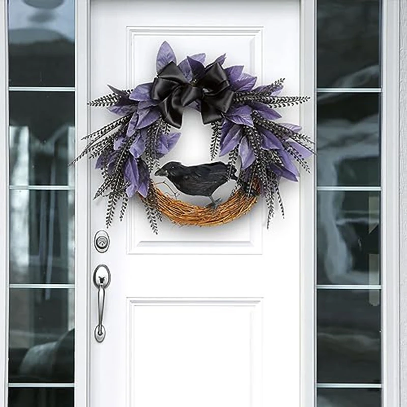 

Венок на Хэллоуин для входной двери, венок на ворону на Хэллоуин с галстуком-бабочкой для Хэллоуина, Декор, искусственный виноградный венок