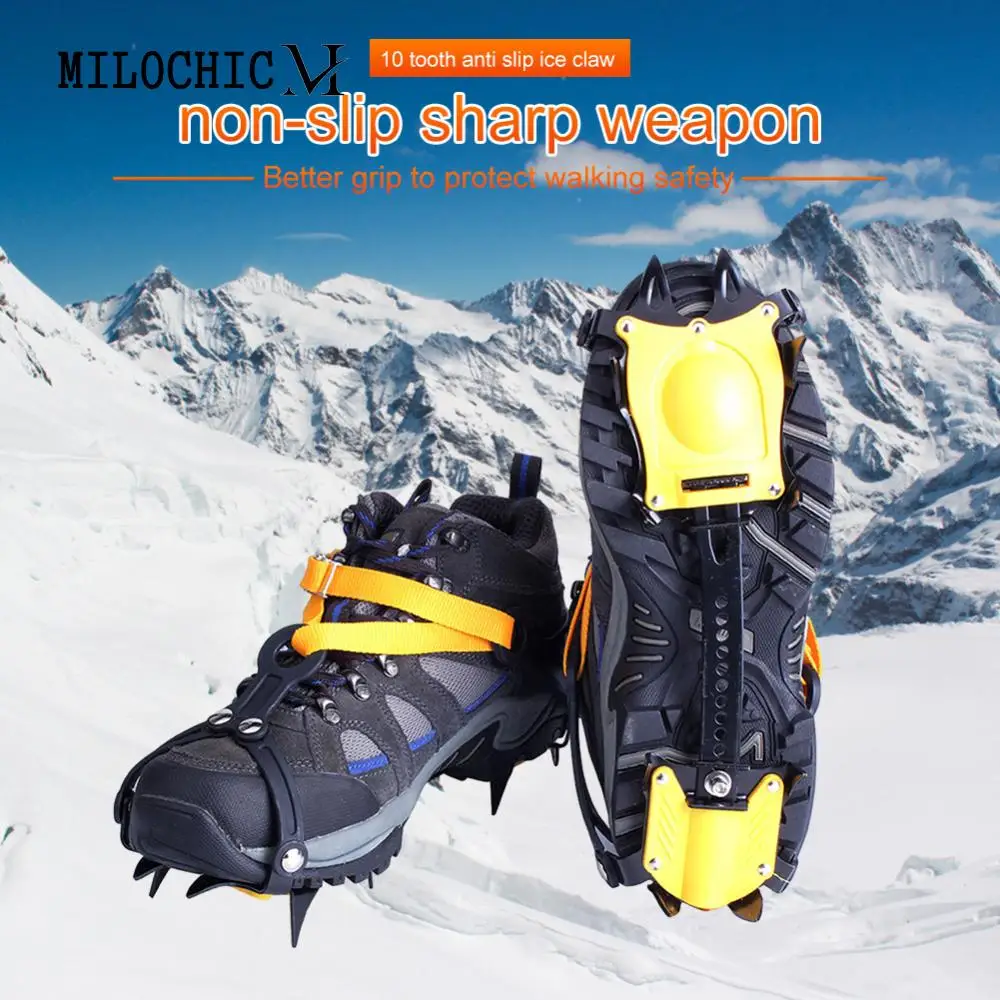

1 Pair Ice Crampons Stainless Steel 10 Teeth Snow Grips Crampons Adjustable with Carry Bag for Hiking Climbing Fishing Jogging