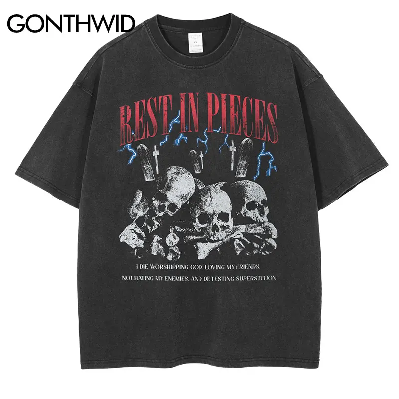 

Gothic T-Shirt Streetwear Hip Hop Vintage Skull Print Tshirts 2022 Summer Retro Punk Tee Shirts Harajuku Short Sleeve Cotton Top