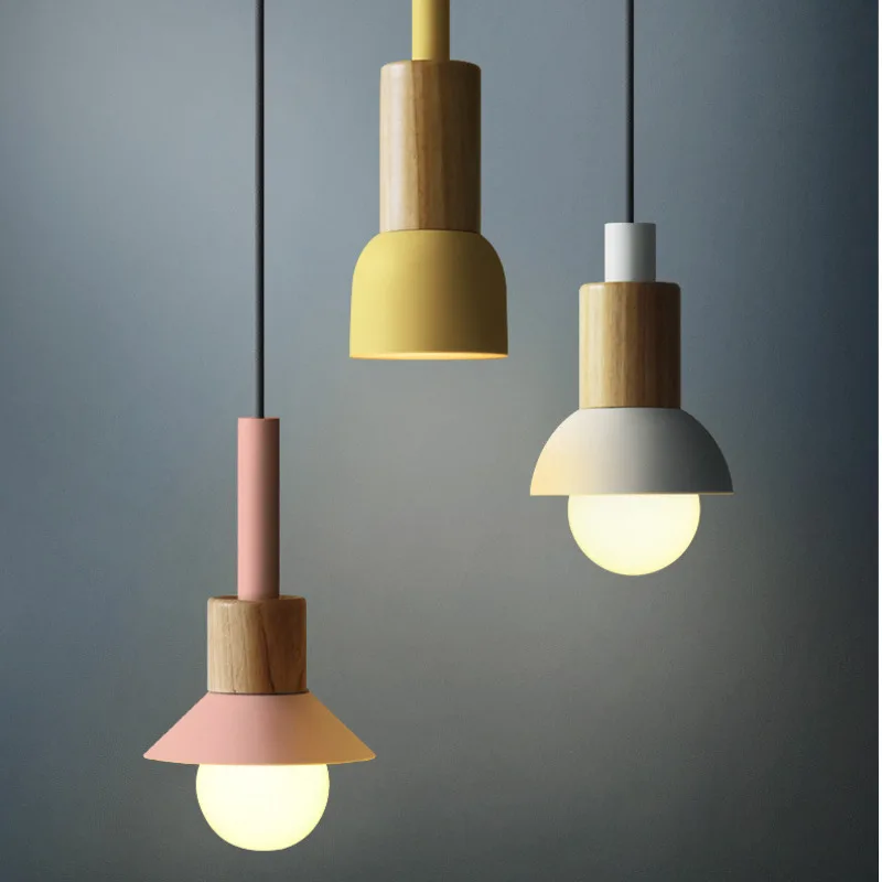 

Iron Art Loft Fixture Kitchen Bar Hotel Home Decor E27 Modern Nordic Simple Wood Pendant Lights Macaron Led Hang Lamp Colorful