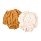 Повседневный комплект одежды для мальчиков, одежда из хлопка и льна для маленьких девочек топы с длинными рукавами + шорты детская одежда на весну и осень