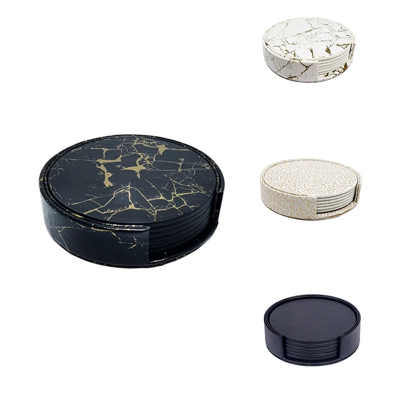 

6PCS PU Leather Marble Coaster Drink Coffee Cup Mat Easy To Clean Placemats Round Tea Pad Table Pad Holder