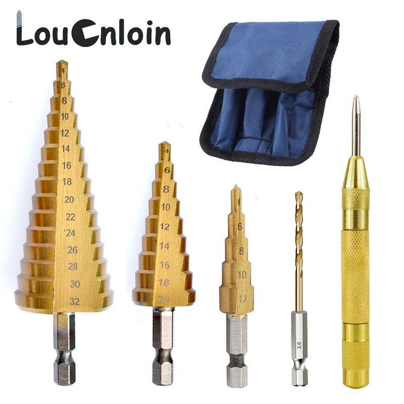 5Pcs 4-32mm HSS Straight Groove Step Drill Bit Center Punch Set Titanium Coated Wood Metal Hole Cutter Core Cone Drilling Tools