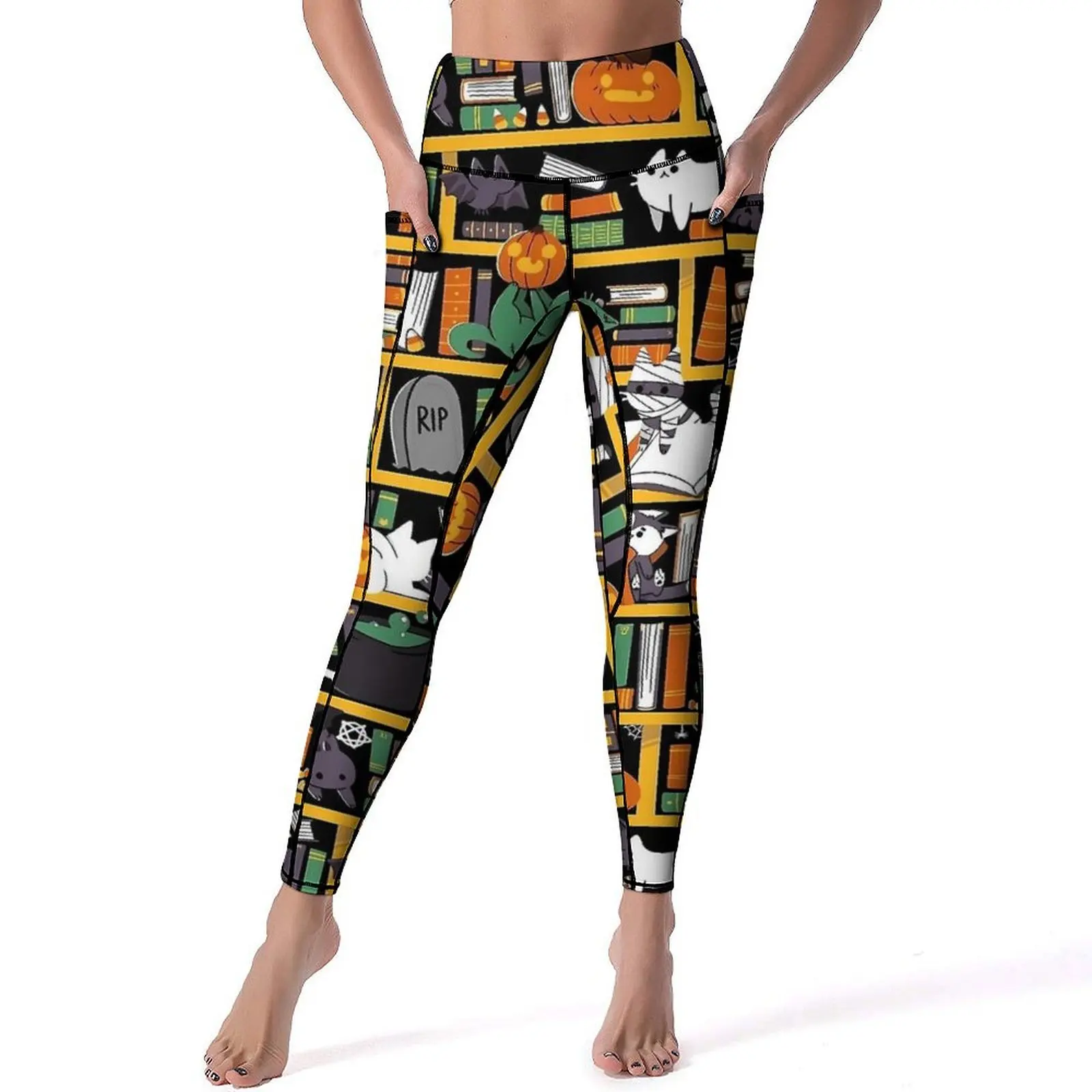 Halloween Library Cat Leggings Fitness Yoga Pants Push Up Novelty Leggins Elastic Graphic Sports Tights Birthday Present